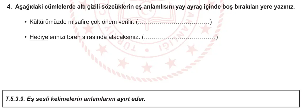 5. Sınıf Türkçe 2023-2024 1. Dönem 1. Yazılı 1. Bölüm 4. Soru görseli