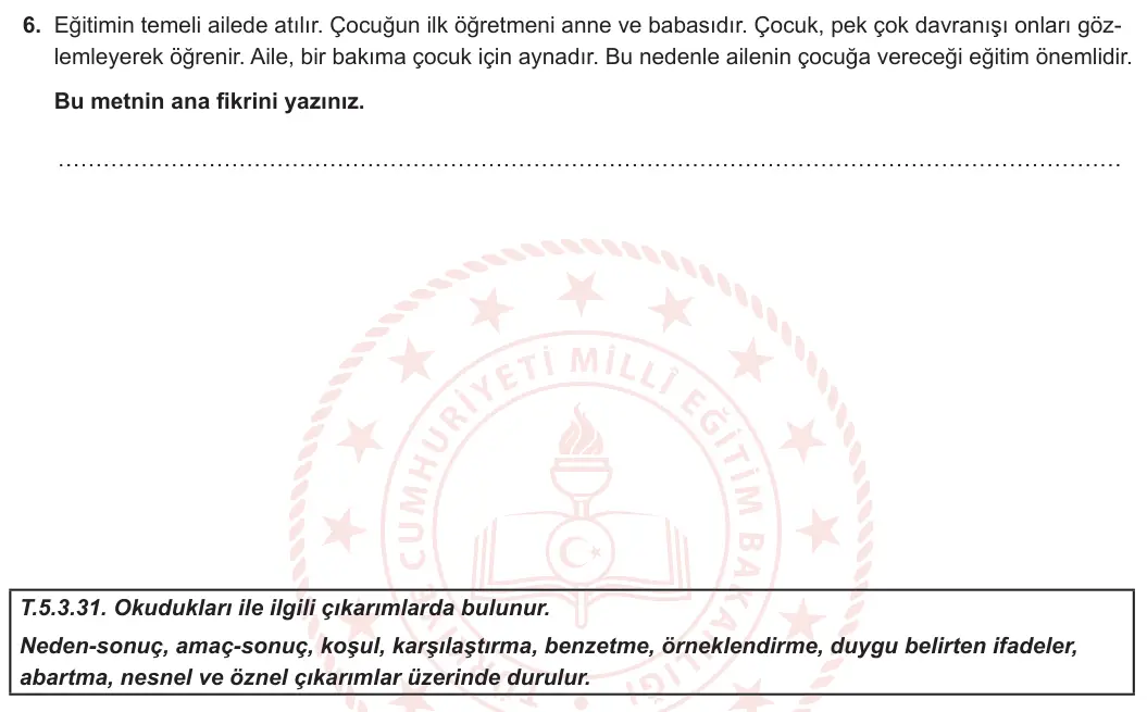 5. Sınıf Türkçe 2023-2024 1. Dönem 1. Yazılı 1. Bölüm 6. Soru görseli