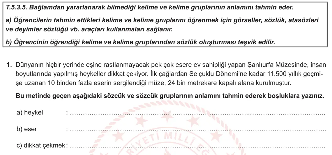 5. Sınıf Türkçe 2023-2024 1. Dönem 1. Yazılı 2. Bölüm 1. Soru görseli