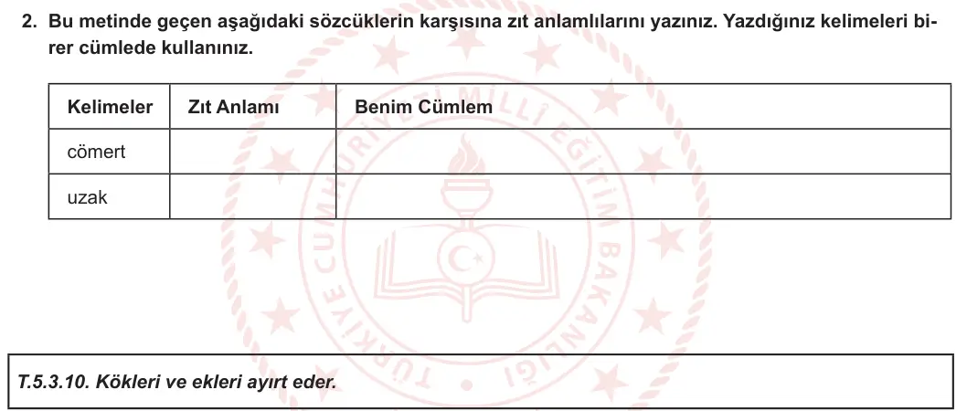 5. Sınıf Türkçe 2023-2024 1. Dönem 1. Yazılı 2. Bölüm 2. Soru görseli