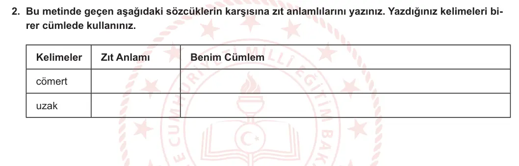 5. Sınıf Türkçe 2023-2024 1. Dönem 1. Yazılı 2. Bölüm 2. Soru görseli