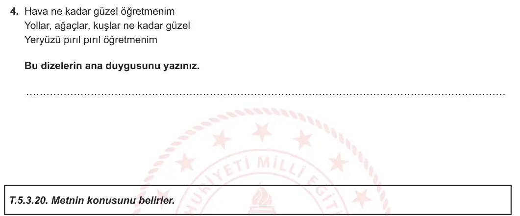 5. Sınıf Türkçe 2023-2024 1. Dönem 1. Yazılı 2. Bölüm 4. Soru görseli