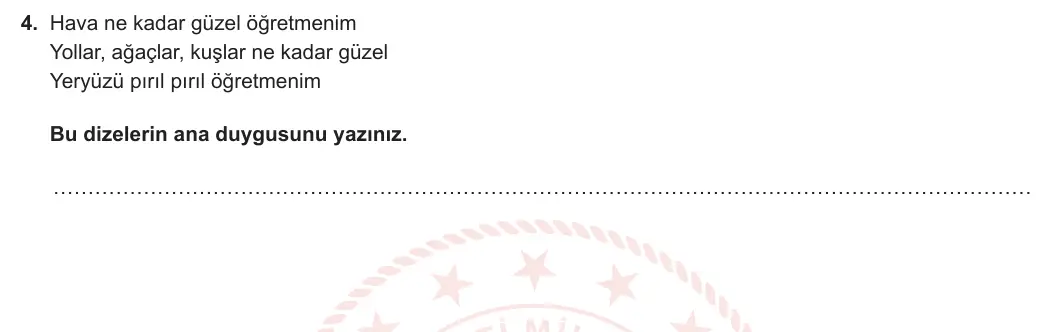 5. Sınıf Türkçe 2023-2024 1. Dönem 1. Yazılı 2. Bölüm 4. Soru görseli