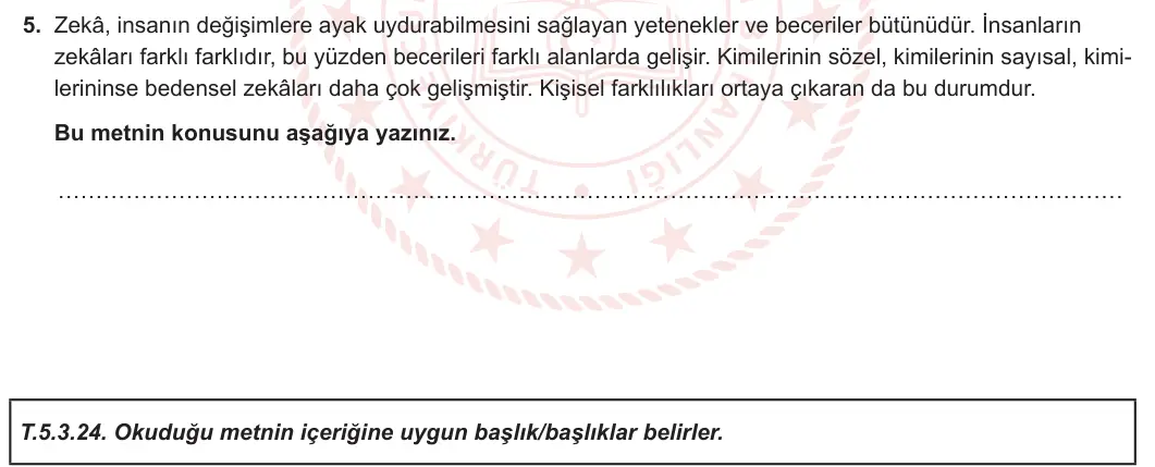 5. Sınıf Türkçe 2023-2024 1. Dönem 1. Yazılı 2. Bölüm 5. Soru görseli