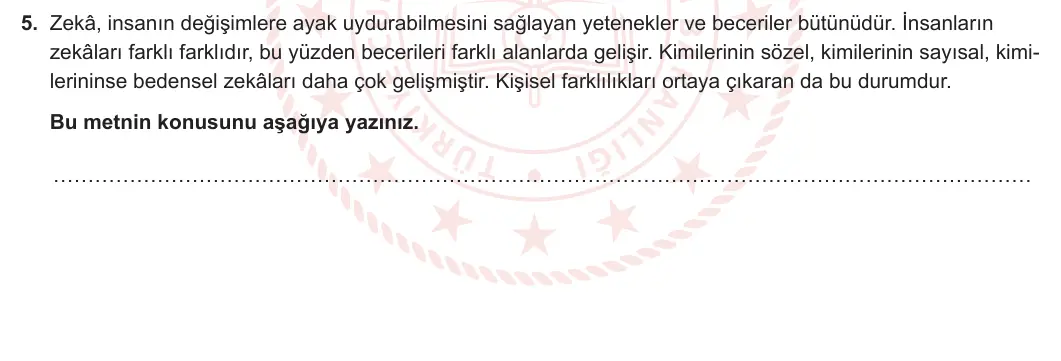 5. Sınıf Türkçe 2023-2024 1. Dönem 1. Yazılı 2. Bölüm 5. Soru görseli