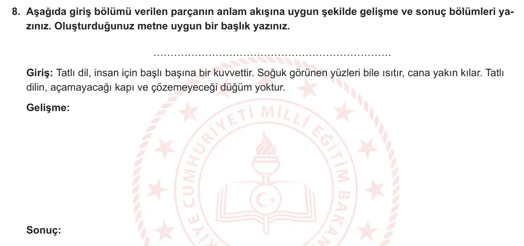 5. Sınıf Türkçe 2023-2024 1. Dönem 1. Yazılı 2. Bölüm 8. Soru görseli