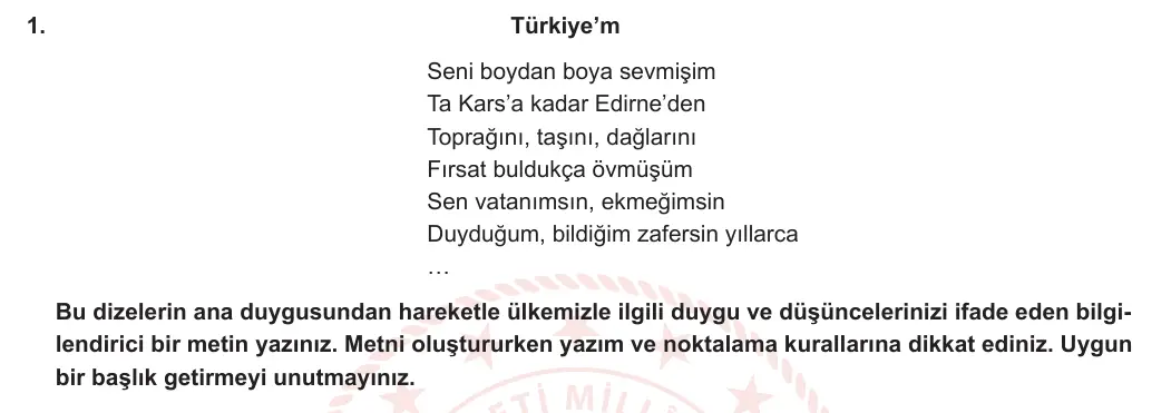 6. Sınıf Türkçe 2023-2024 1. Dönem 1. Yazılı 1. Bölüm 1. Soru (Anka Kuşu Yayınları) görseli