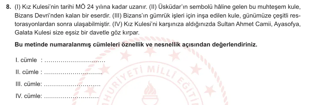 6. Sınıf Türkçe 2023-2024 1. Dönem 1. Yazılı 1. Bölüm 8. Soru (Anka Kuşu Yayınları) görseli