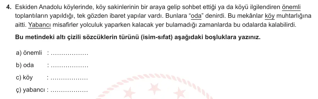 6. Sınıf Türkçe 2023-2024 1. Dönem 1. Yazılı 2. Bölüm 4. Soru (Anka Kuşu Yayınları) görseli