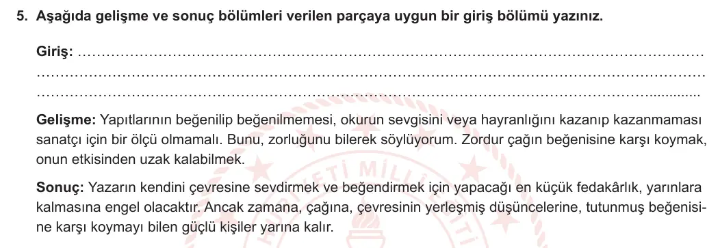 6. Sınıf Türkçe 2023-2024 1. Dönem 1. Yazılı 2. Bölüm 5. Soru (Anka Kuşu Yayınları) görseli
