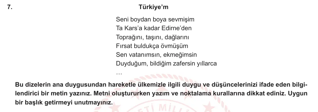 6. Sınıf Türkçe 2023-2024 1. Dönem 1. Yazılı 2. Bölüm 7. Soru (Anka Kuşu Yayınları) görseli
