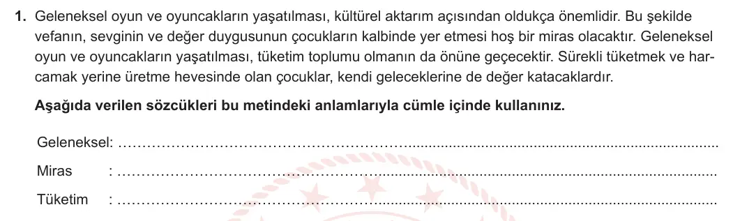 6. Sınıf Türkçe 2023-2024 1. Dönem 1. Yazılı 2. Bölüm 1. Soru (MEB Yayınları) görseli