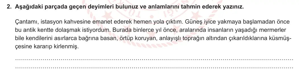 6. Sınıf Türkçe 2023-2024 1. Dönem 1. Yazılı 2. Bölüm 2. Soru (MEB Yayınları) görseli