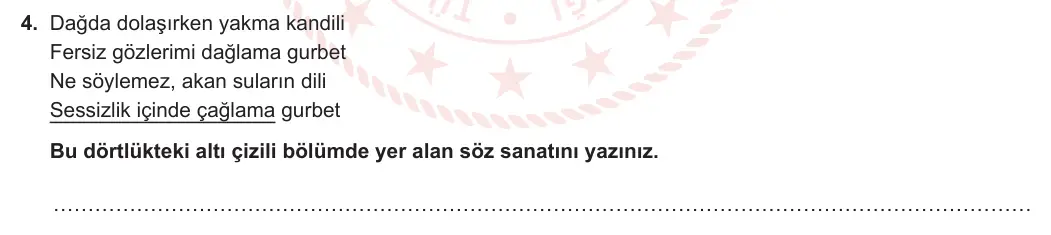 6. Sınıf Türkçe 2023-2024 1. Dönem 1. Yazılı 2. Bölüm 4. Soru (MEB Yayınları) görseli