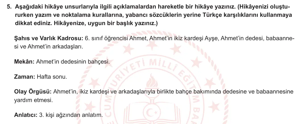 6. Sınıf Türkçe 2023-2024 1. Dönem 1. Yazılı 2. Bölüm 5. Soru (MEB Yayınları) görseli