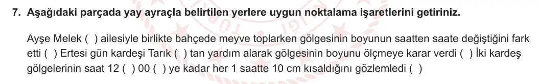 6. Sınıf Türkçe 2023-2024 1. Dönem 1. Yazılı 2. Bölüm 7. Soru (MEB Yayınları) görseli