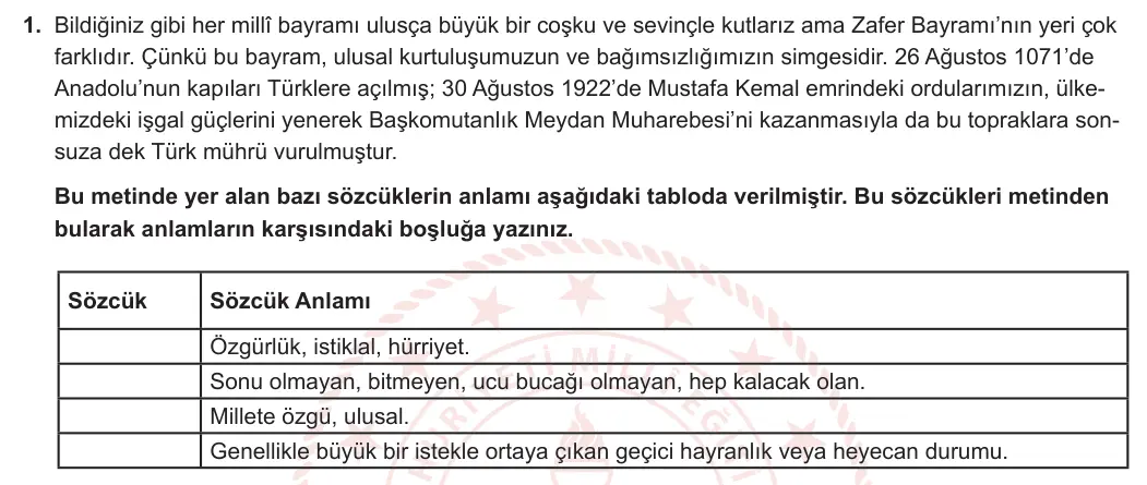 7. Sınıf Türkçe 2023-2024 1. Dönem 1. Yazılı 1. Bölüm 1. Soru görseli