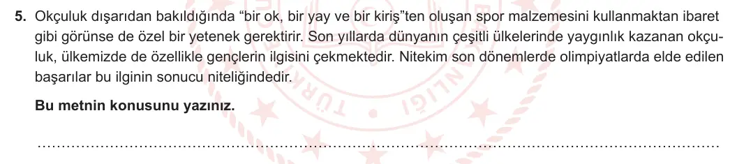 7. Sınıf Türkçe 2023-2024 1. Dönem 1. Yazılı 1. Bölüm 5. Soru görseli