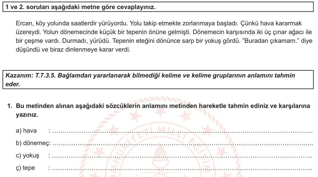 7. Sınıf Türkçe 2023-2024 1. Dönem 1. Yazılı 2. Bölüm 1. Soru görseli
