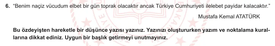 7. Sınıf Türkçe 2023-2024 1. Dönem 1. Yazılı 2. Bölüm 6. Soru görseli