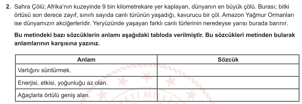 8. Sınıf Türkçe 2023-2024 1. Dönem 1. Yazılı 1. Bölüm 2. Soru (Ferman Yayınları) görseli