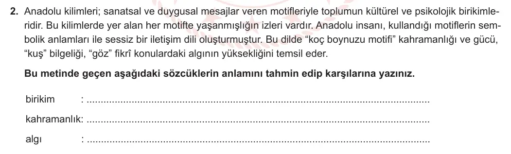 8. Sınıf Türkçe 2023-2024 1. Dönem 1. Yazılı 2. Bölüm 2. Soru (Ferman Yayınları) görseli