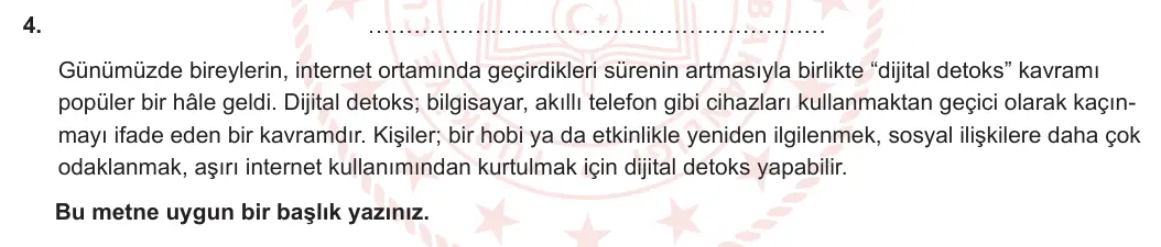8. Sınıf Türkçe 2023-2024 1. Dönem 1. Yazılı 2. Bölüm 4. Soru (Ferman Yayınları) görseli
