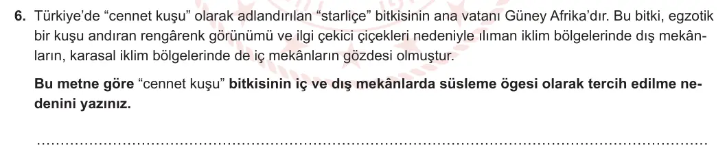 8. Sınıf Türkçe 2023-2024 1. Dönem 1. Yazılı 2. Bölüm 6. Soru (Ferman Yayınları) görseli