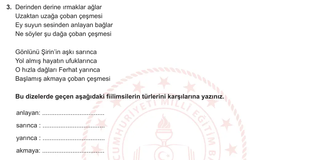 8. Sınıf Türkçe 2023-2024 1. Dönem 1. Yazılı 1. Bölüm 3. Soru (MEB Yayınları) görseli