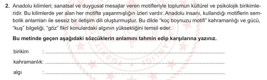 8. Sınıf Türkçe 2023-2024 1. Dönem 1. Yazılı 2. Bölüm 2. Soru (MEB Yayınları) görseli