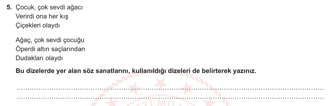 8. Sınıf Türkçe 2023-2024 1. Dönem 1. Yazılı 2. Bölüm 5. Soru (MEB Yayınları) görseli