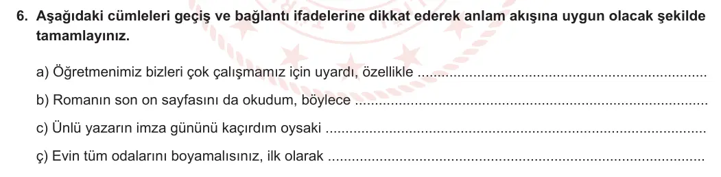 8. Sınıf Türkçe 2023-2024 1. Dönem 1. Yazılı 2. Bölüm 6. Soru (MEB Yayınları) görseli
