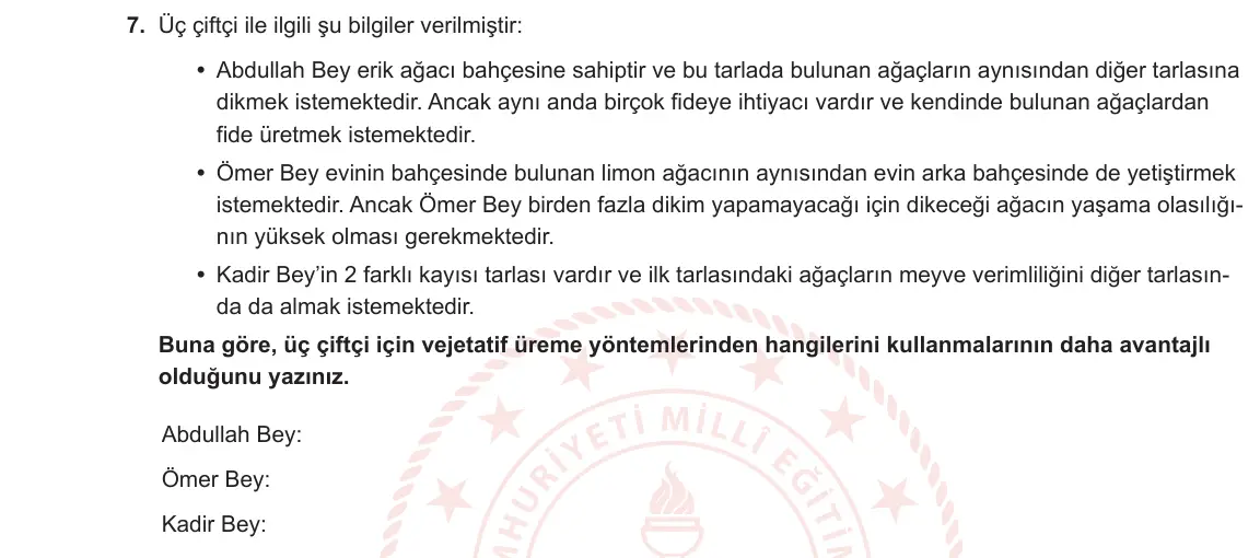 10. Sınıf Biyoloji 2023-2024 1. Dönem 2. Yazılı 1. Bölüm 7. Soru görseli