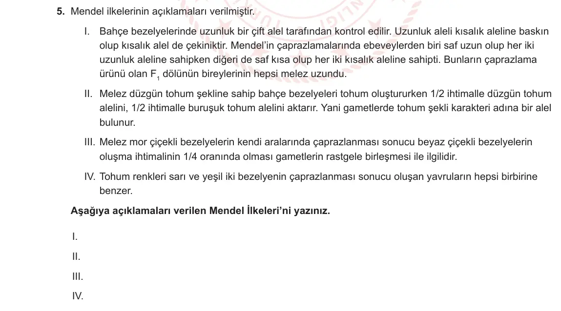 10. Sınıf Biyoloji 2023-2024 1. Dönem 2. Yazılı 2. Bölüm 5. Soru görseli