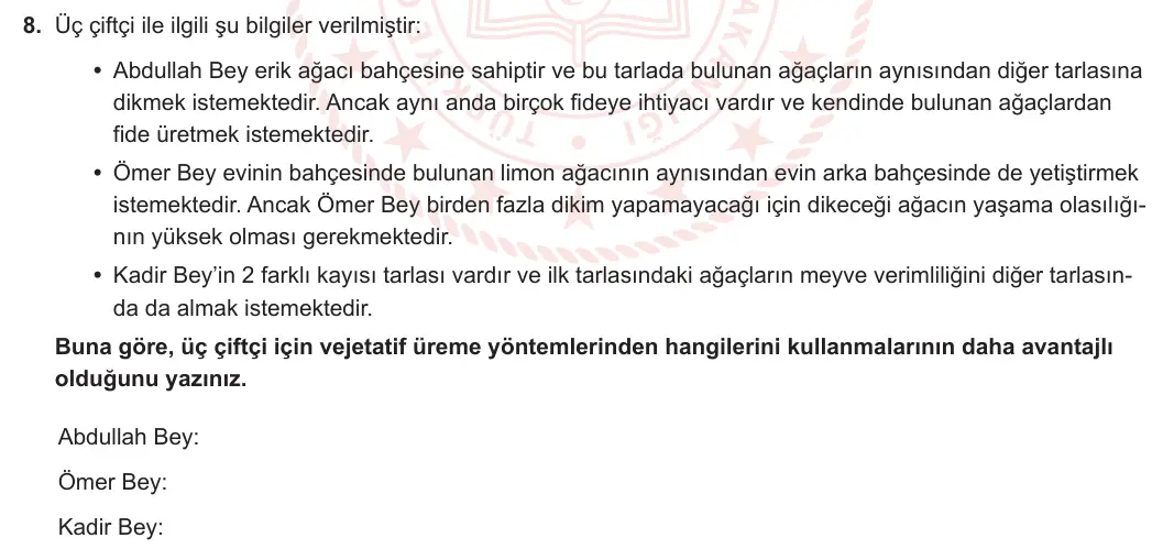 10. Sınıf Biyoloji 2023-2024 1. Dönem 2. Yazılı 3. Bölüm 8. Soru görseli