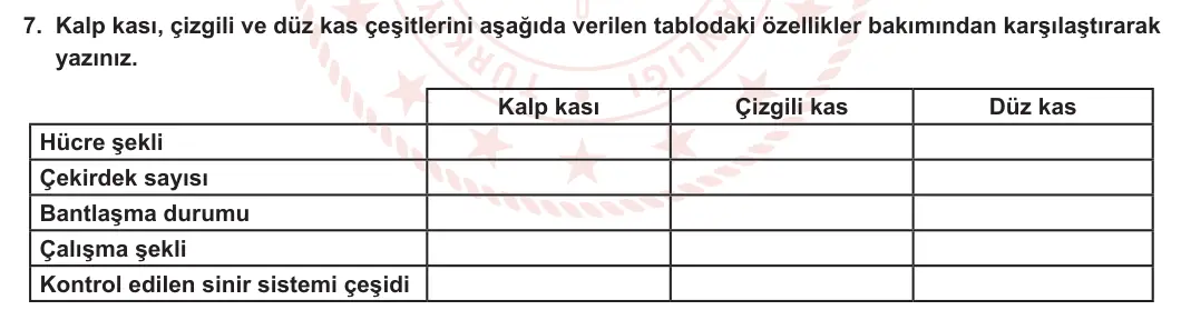 11. Sınıf Biyoloji 2023-2024 1. Dönem 2. Yazılı 1. Bölüm 7. Soru görseli