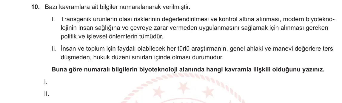 12. Sınıf Biyoloji 2023-2024 1. Dönem 2. Yazılı 1. Bölüm 10. Soru görseli