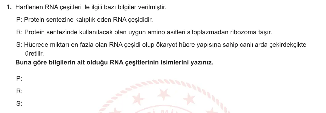 12. Sınıf Biyoloji 2023-2024 1. Dönem 2. Yazılı 1. Bölüm 1. Soru görseli