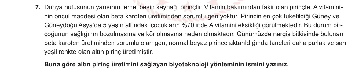 12. Sınıf Biyoloji 2023-2024 1. Dönem 2. Yazılı 1. Bölüm 7. Soru görseli