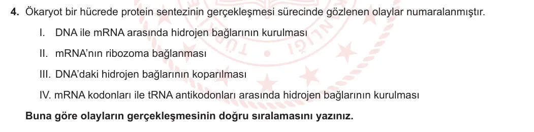 12. Sınıf Biyoloji 2023-2024 1. Dönem 2. Yazılı 2. Bölüm 4. Soru görseli