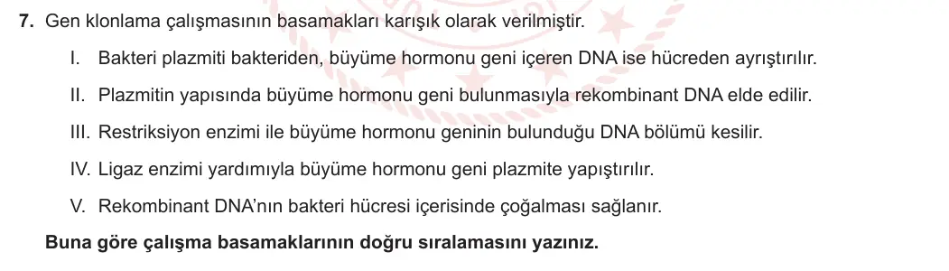 12. Sınıf Biyoloji 2023-2024 1. Dönem 2. Yazılı 2. Bölüm 7. Soru görseli