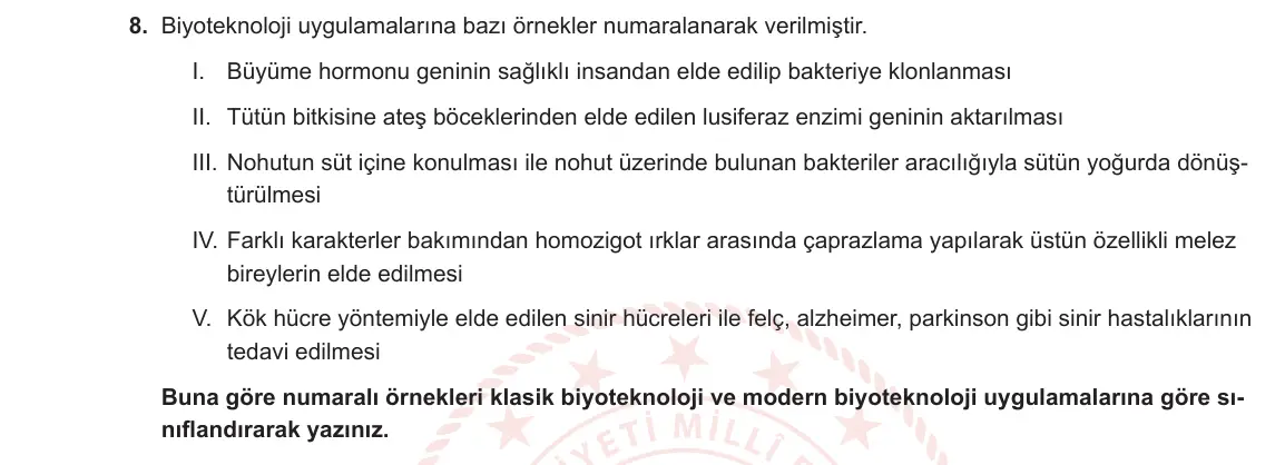 12. Sınıf Biyoloji 2023-2024 1. Dönem 2. Yazılı 2. Bölüm 8. Soru görseli