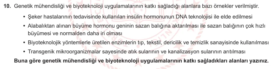 12. Sınıf Biyoloji 2023-2024 1. Dönem 2. Yazılı 3. Bölüm 10. Soru görseli