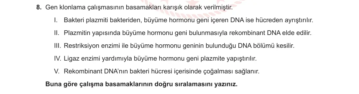 12. Sınıf Biyoloji 2023-2024 1. Dönem 2. Yazılı 3. Bölüm 8. Soru görseli