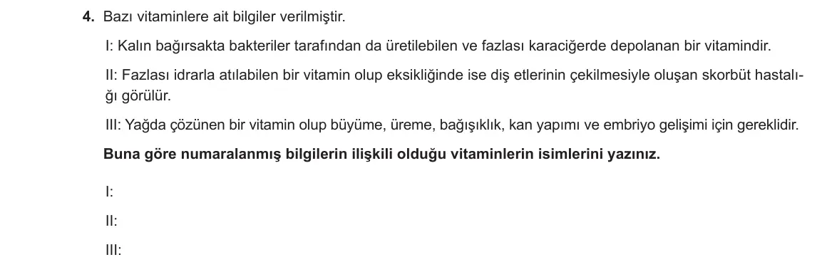 9. Sınıf Biyoloji 2023-2024 1. Dönem 2. Yazılı 1. Bölüm 4. Soru görseli