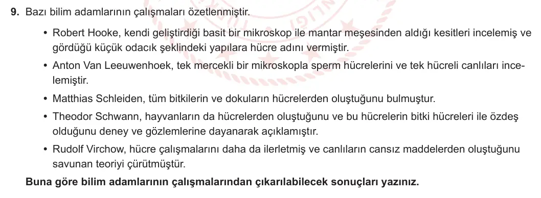 9. Sınıf Biyoloji 2023-2024 1. Dönem 2. Yazılı 1. Bölüm 9. Soru görseli