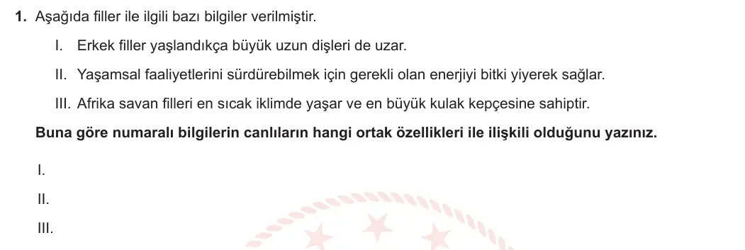 9. Sınıf Biyoloji 2023-2024 1. Dönem 2. Yazılı 2. Bölüm 1. Soru görseli
