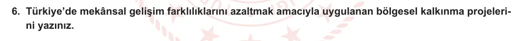 11. Sınıf Coğrafya 2023-2024 1. Dönem 2. Yazılı 1. Bölüm 6. Soru görseli