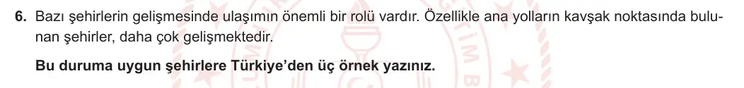 12. Sınıf Coğrafya 2023-2024 1. Dönem 2. Yazılı 2. Bölüm 6. Soru görseli