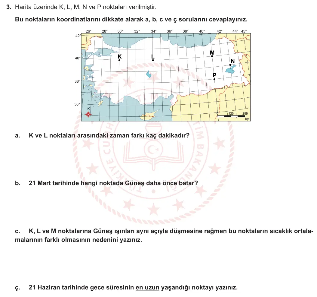 9. Sınıf Coğrafya 2023-2024 1. Dönem 2. Yazılı 2. Bölüm 3. Soru görseli
